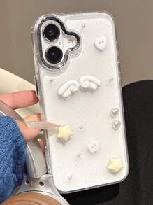 Funda de teléfono con alas de ángel de epoxi con brillo, estrellas y perlas falsas, compatible con iPhone 16, 15, 14, 13, 12 Pro Max, 11, con cubierta trasera protectora clara, resistente al agua, a los golpes y a los arañazos