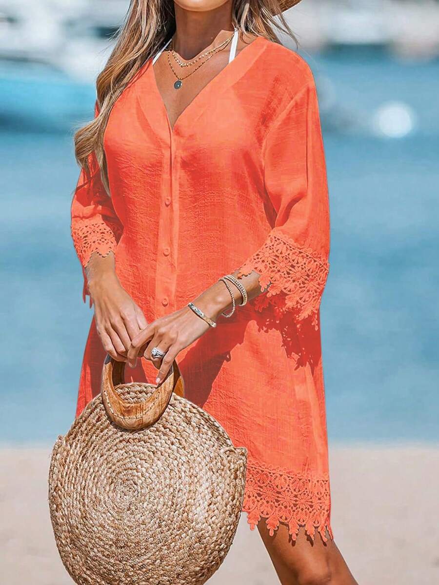 女士度假纯色蕾丝袖口单排扣长衬衫 春季