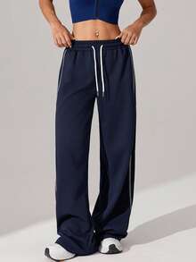 1pc Women's Waffle Knit Loose Straight Leg Drawstring Waist Contrast Color Simple Fitness Sports Pants, Spring/Summer - Navy Blue - View 6