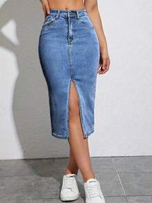 Women's Fashion Stretch Denim Hip Skirt Mid-Skirt - 淺色水洗藍 - 查看 4