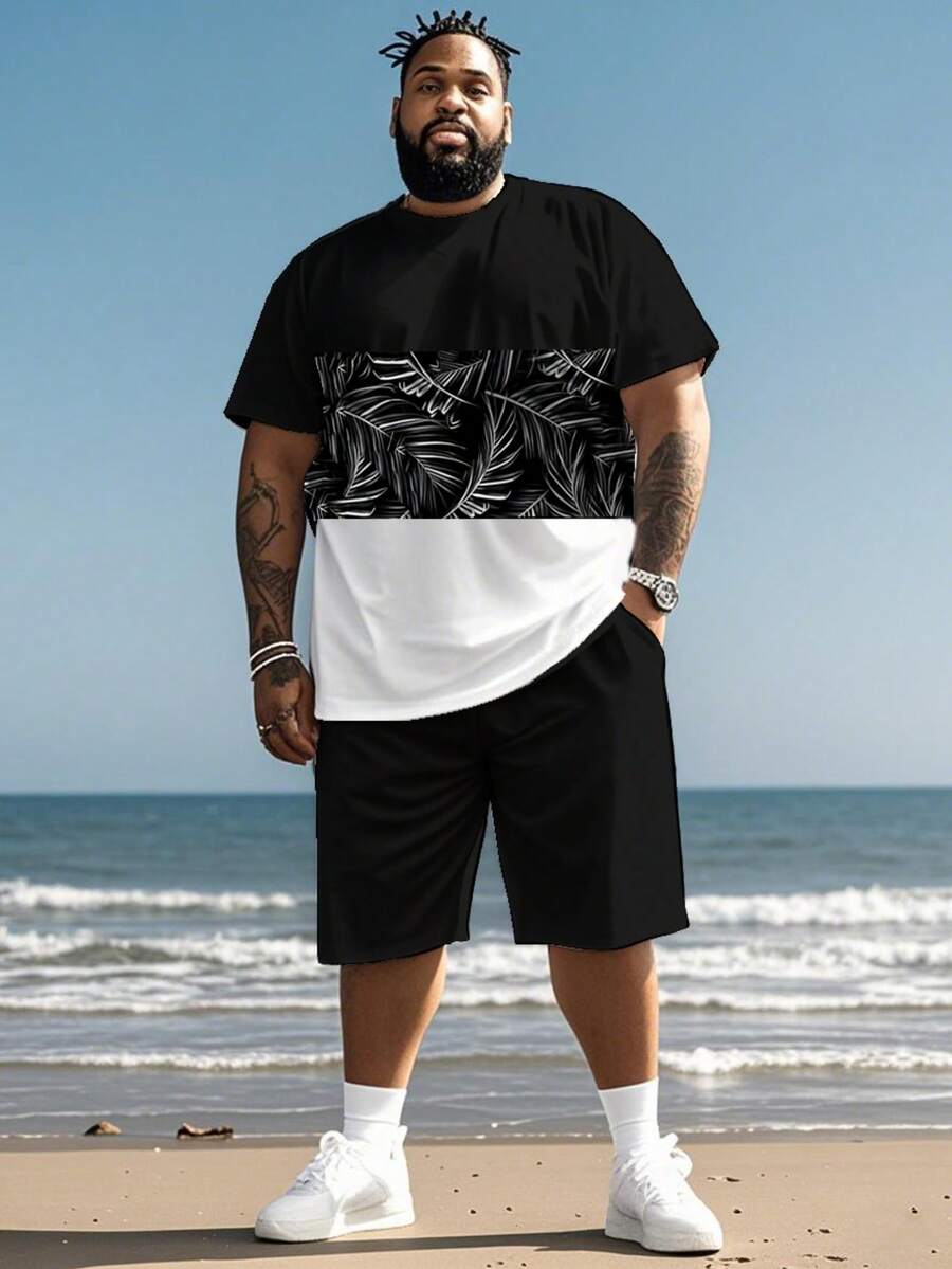 2pcs Set Men's Hawaiian Leaf Colorblock Print T-Shirt And Shorts - Black - View 1