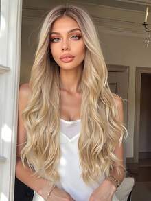 13x3.5 高清蕾丝假发 挑染棕色合成蕾丝前假发 预拔发际线 无胶 佩戴即用 26 英寸长波浪蕾丝前假发 女士 - 彩色 - 查看 8