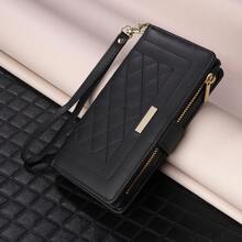 Luxury Wallet Fashion Double Button Small Fragrant Wind With Zipper Card Slot Photo Frame Kickstand Function Magnetism Flip PU Artificial Leather Case Compatible With Samsung Galaxy ForiPhone, Soft Silicone With Hand Strap Business Shockproof Protective Cover Waterproof Anti-Fall Scratch Resistant Full Cover - Burgundy - View 2