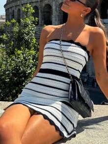 Apperloth A Boho Series Strapless Fitted Bodycon Sexy Hollow Out Black & White Colorblock Jacquard Midi Wave Lace Dress - 黑與白 - 查看 3