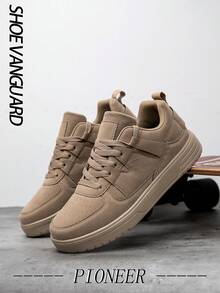 Men's Comfy High Top Leather Splicing Sneakers, Couple's Versatile Shock Absorption Sports Shoes, Classic Black Lace-Up Retro High-Soled Flat Walking Shoes, Suitable For Jeans Active Wear - Khaki - View 2