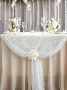 1pc Pearl Mesh Table Runner,Pearl Table Runner: Wedding Veil, Dessert Table Cover, Bohemian Style, Sheer Chiffon, Pearl Lace, Party Decoration Tablecloth ,Pearl Table Runner, Wedding Arch Decor Table Wire, Bridal Shower Decoration Fabric, Romantic Pearl Lace Tablecloth For Event Embroidery, Clear Wrinkle-Proof White Dessert Tablecloth, Chiffon Tulle White
