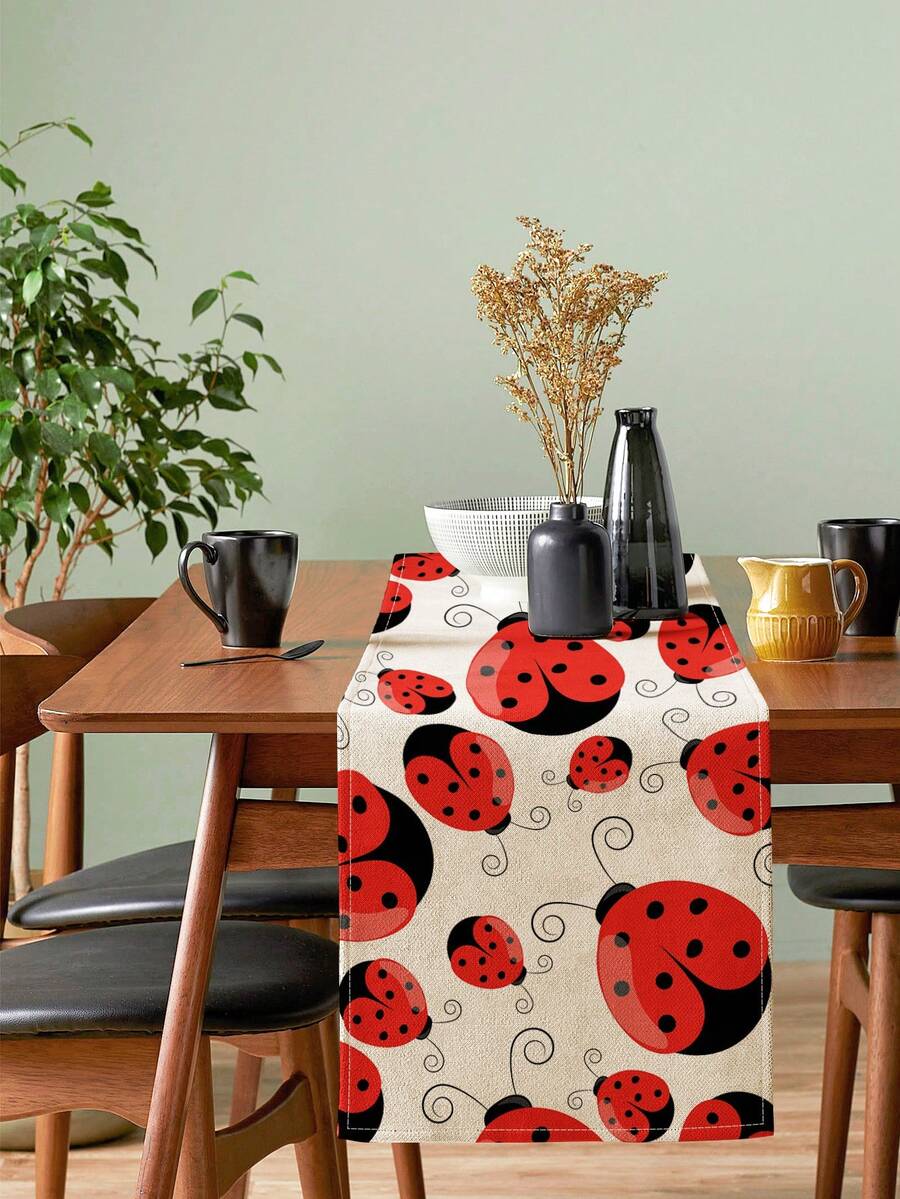 1pc Hand-Painted Seven-Spot Ladybug Insect Print Linen Table Runner, Suitable For Holidays, Parties, Birthdays, Dinners, Kitchen, Dining Room Decor, Shoe Cabinet Cover, All Season Home Decor - Multicolor - View 1