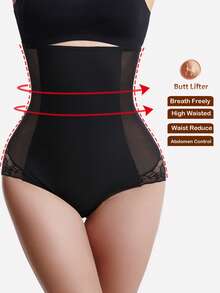 女士高腰蕾丝边塑身衣、收腹网眼内衣、压缩运动胸罩、提拉塑身提臀器、鱼网无缝塑身短裤 - 黑色 - 查看 4