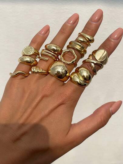 12 件/套复古几何什锦元素金属镂空、波浪和水滴设计戒指，创意巴洛克仿珍珠装饰首饰套装，适合女性日常和场合佩戴