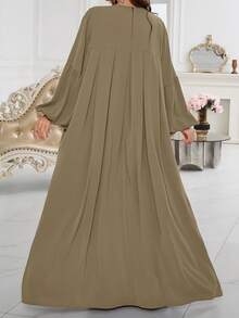 1pc Plain Ruched Bust And Sleeve Design Abaya Robe, Versatile And Suitable For Casual, Leisure, Prayer Occasions, Modest - Khaki - View 2