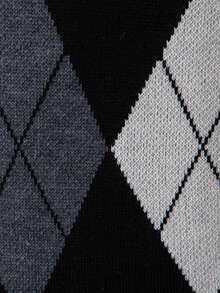 Men's Diamond Pattern Color Blocking Sleeveless Knit Sweater, Casual V-Neck Vest For Daily Wear, Outdoor Activities And Holiday, Suitable As Layering, For Fall - Black - View 5