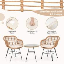 3PCS Patio Bistro Set Outdoor Rattan Armchairs With Table And Replacement Cushions Set-White - White - View 5