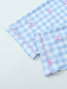 2 件套蓝白格子蝴蝶结装饰纽扣短袖上衣和裤子女士睡衣套装，春夏睡衣休闲装