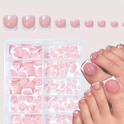 120pcs White French Manicure & Pedicure Set, Medium Square Press-On Nails, Fashionable Minimalist Design, Pre-Glued Nail Stickers, Glossy Pure French Style, Suitable For Women's Daily Wear, Includes Storage Box.