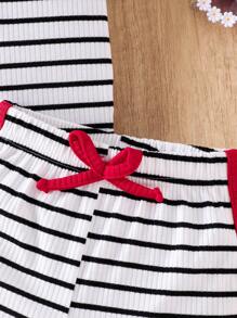 2 Stücke Sommer Baby Mädchen Geripptes und Geripptes Set mit Kirschstickerei Bluse und Shorts, bequemer Outfit