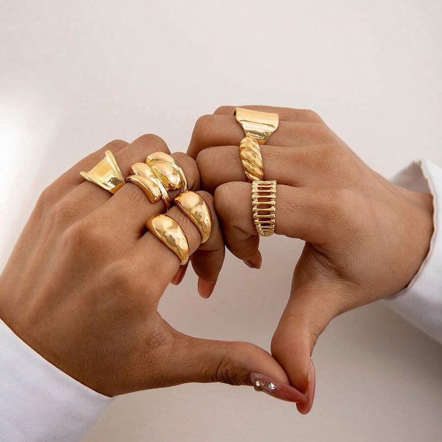 7pcs/Set Fashionable Hip Hop Exaggerated Alloy Rings, Unique Hollow Asymmetrical Design Open Ring Set - 7pcs Ring Set - View 1