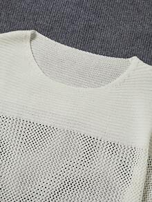 男士网眼拼布透视罩衫，休闲沙滩短袖针织上衣 - 白色 - 查看 4