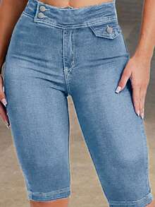 Women Button Closure Waist Casual Denim Shorts - Light Blue - View 2