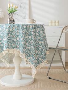 1pc Nordic Style Printed Tassel Square Tablecloth, Polyester Material Suitable For Restaurant & Party Decoration - Blue - View 2