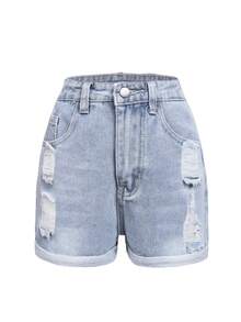 Teen Girls Straight Casual Fashionable Ripped Denim Shorts, Slim Fit - Light Wash - View 2