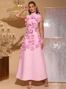 Modphy Nuevo vestido elegante de cuello alto sin mangas con decoración floral 3D, cinta de mariposa, vestido de noche largo para el Día de San Valentín, boda, fiesta, ocasión formal, vestido de invitada de boda, vacaciones de primavera en color rosa - Rosa - Ver 3