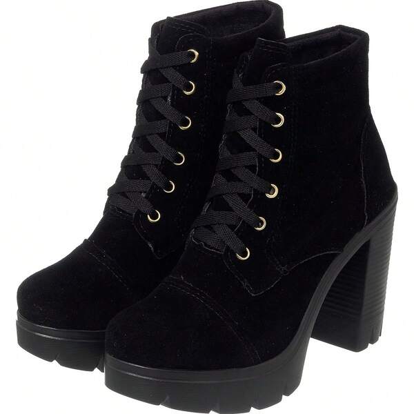 Bota Coturno Salto Alto Plataforma Preta Camurça botas feminina elegant confortável sapatos feminina elegante