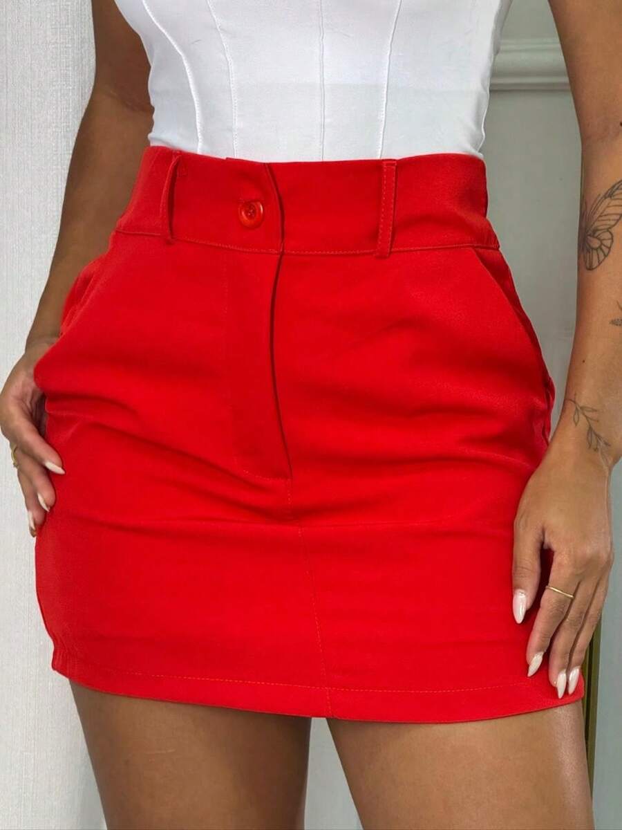 Short Skirt With Pocket Zipper Button Tailoring High Waist Lined Colorful Summer Women's Fashion - Đỏ - Xem 1