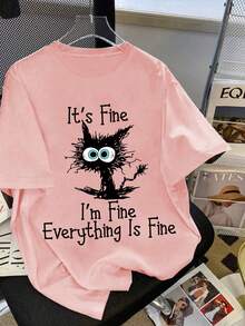 少女卡通猫和口号图案短袖T恤暑假 - 粉色 - 查看 1