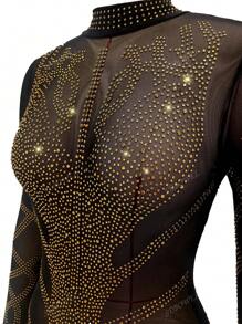 Golden Rhinestone Bodysuit Sexy Sheer Mesh Elegant Bodysuit Women Club Party