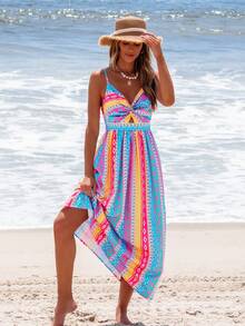 popvil Boho Printed Front Twist Cutout Maxi Dress - Blue - View 8