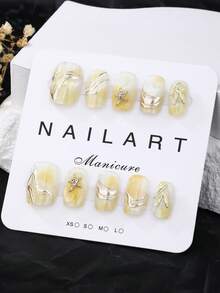 Beauty, Fragrance Style, French Tip Nails, 10-Piece Set, Lemon Yellow, Short Ladder Type, Press On Nails, New Years Nails, Valentines Nail, Wearable Nail Art, Handmade, Elegant And Generous Design, High-End French Style, Gel Polishing, Flash Nail Supplies Nails - Yellow - View 2