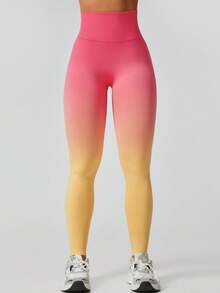 Summer Workout Women's Fashion Ombre Peach Butt Lifting Seamless High Waist Shapewear Leggings - Yellow - View 7