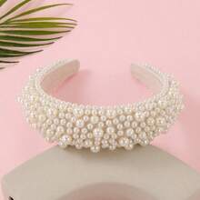 Pearl Headband - Cute Fluffy Soft Padded Headband With Faux Pearl, Suitable For Wedding - Bridal Fashion - Wide Beaded Shiny Headband - Birthday Hair Accessories Hairband Hair Hoop