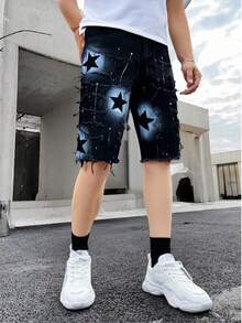 Men's Fashionable Solid Color Fringe Slim Fit Denim Shorts - Black - View 1