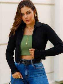 Knitted Cropped Cardigan Jacket With Ribbed Fashion Zipper - Black - View 5