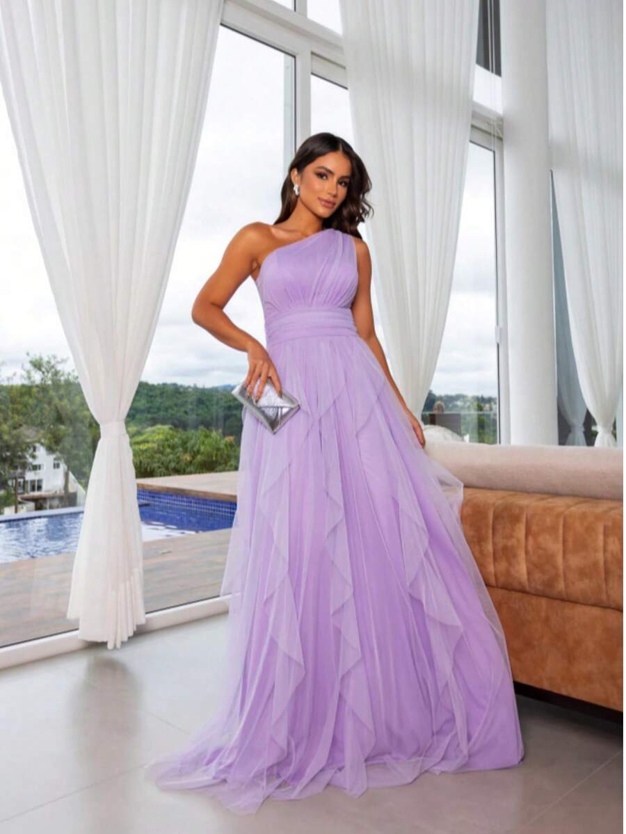 One-Shoulder Layered Bridesmaid Prom Dress - Lilac - View 1