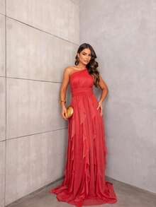One-Shoulder Layered Bridesmaid Prom Dress - Rojo - Ver 2