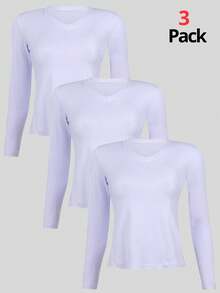 Kit 3 Women's Basic Long Sleeve V-Neck Blouses - Blanco / Blanco / Blanco - Ver 1