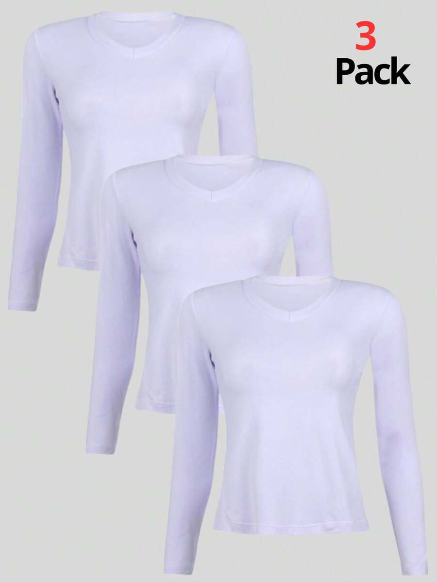 Kit 3 Women's Basic Long Sleeve V-Neck Blouses - Blanco / Blanco / Blanco - Ver 1