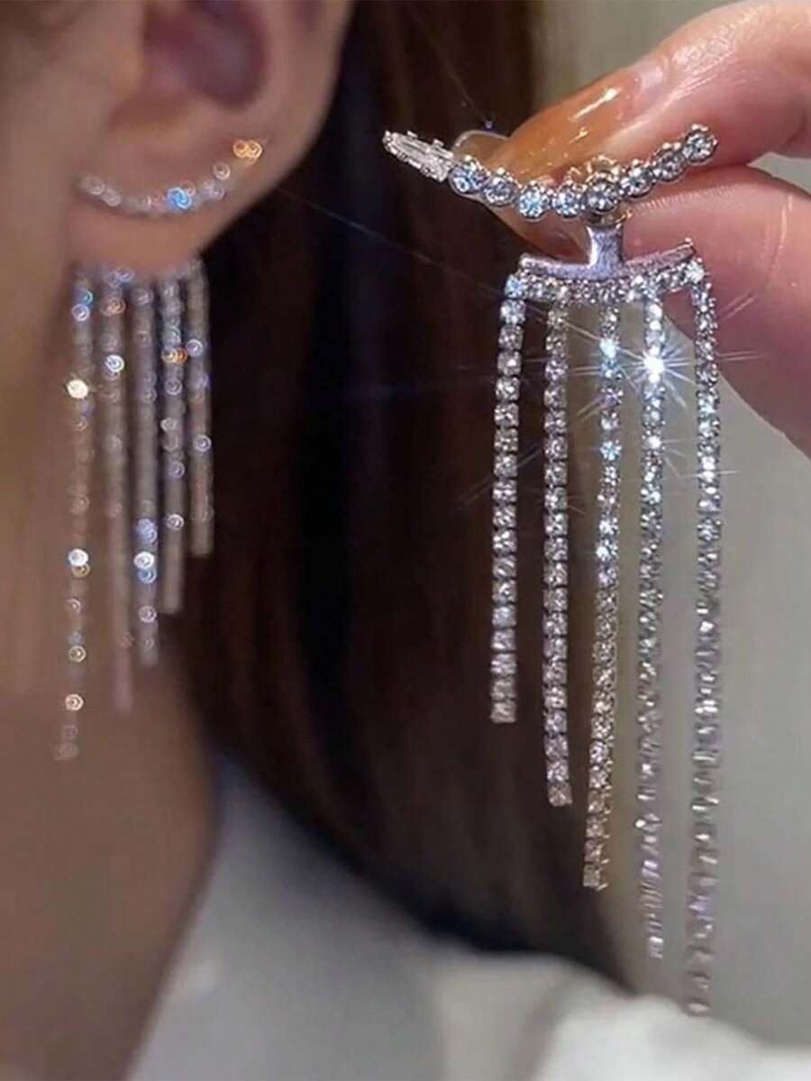 1 Pair Women's Elegant Versatile Wedding Long Tassel Fully Rhinestone Earrings