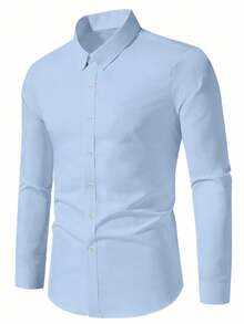 男士经典纯色长袖单排扣休闲办公室衬衫，秋季休闲和商务必备 - 淺藍色 - 查看 4
