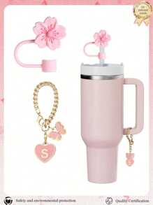 2pcs/Set Accessories For 30-40oz Cups, Pink Letter Cup Marker And Silicone Fuchsia Flower Straw Lid, Silicone Anti-Slip Protective Cover, Reusable 10mm Thick Straw Lid, Cute Letter Decor Fits Modern Minimalist Glass Cups, Back To School Supplies