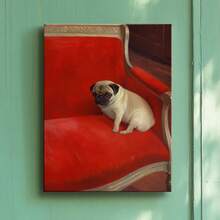 1pc Funny Bathroom Wall Art Framed Wall Art, Wrapped Canvas Poster Vintage Prints, A Pug Sitting On A Red Sofa, Birthday Party Decor, Decorative Wall Art For Living Room Bedroom Office, Hanging Hardware Included - Framed, Vertical - 裱框畫布 - 查看 2