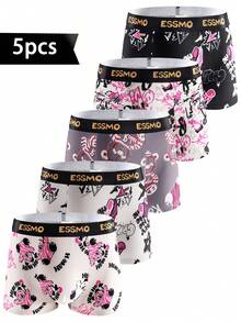 5pcs/Pack Men's Seamless Graffiti Printed Basic Boxer Briefs, Gifts For Summer - Multicolor - View 1
