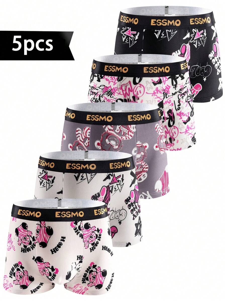 5pcs/Pack Men's Seamless Graffiti Printed Basic Boxer Briefs, Gifts For Summer - Multicolor - View 1