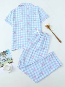2 件套蓝白格子蝴蝶结装饰纽扣短袖上衣和裤子女士睡衣套装，春夏睡衣休闲装