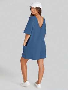 Mono de mujer casual de color sólido, estilo suelto minimalista, cuello redondo, top de manga corta, diseño transpirable sin espalda, cómodo top de mujer de bolsillos grandes, adecuado para la calle y el uso diario. - Azul - Ver 6