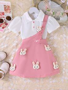 2pcs Girls Cute Bunny Short Sleeve Top And Bib Dress Set, Summer - Pink - View 1