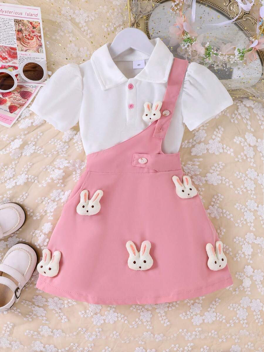 2pcs Girls Cute Bunny Short Sleeve Top And Bib Dress Set, Summer - Pink - View 1