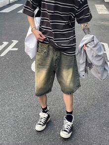 男士印花斜插袋牛仔短裤，修身直筒及膝短裤，夏季薄面料，emo 风格